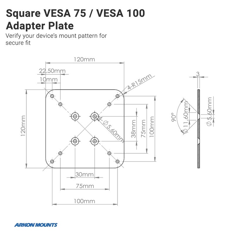 Arkon لوحة محول ARKON مربعة VESA 75 / VESA 100 من الألمنيوم بقوة صناعية متوافقة مع أجهزة VESA 4 ثقوب متوافقة مع AMPS للتلفزيونات والشاشات والعروض - Image 3
